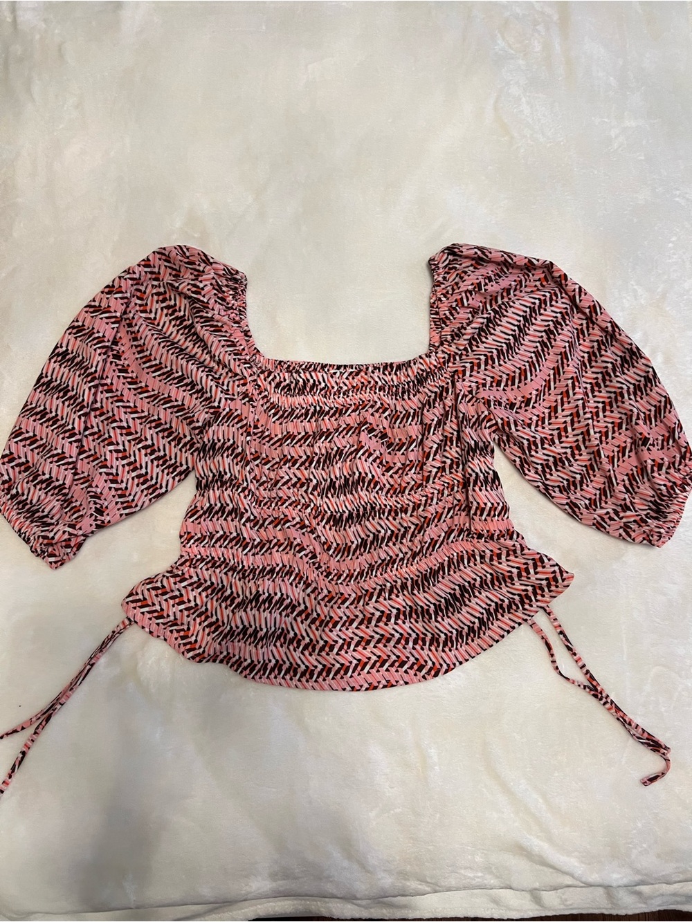 Square-Neck Pink Printed Puff-Sleeve Blouse
